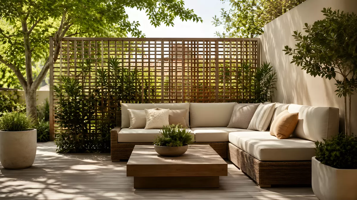 Moderne Terrasse mit Loungemöbeln und Holzgitter