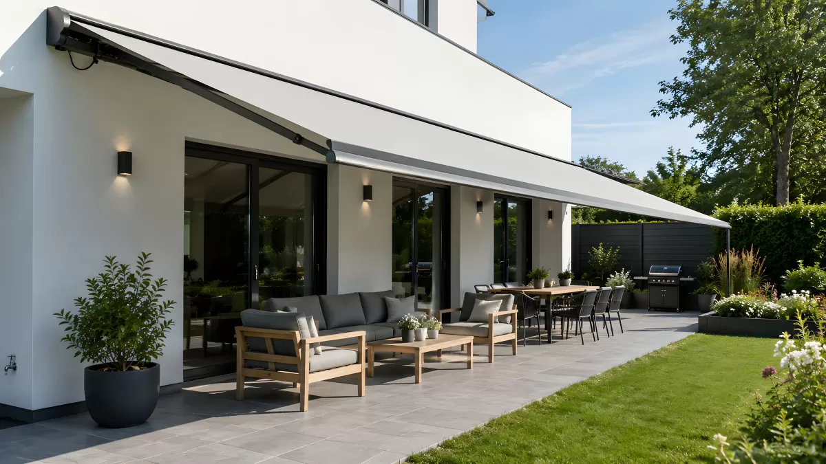 Moderne Terrasse mit Markise und Holzmöbeln
