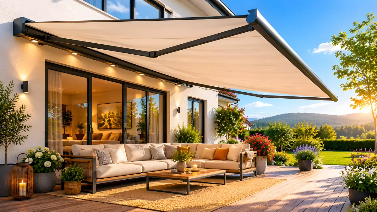Moderne Terrasse mit Markise und Loungemöbeln