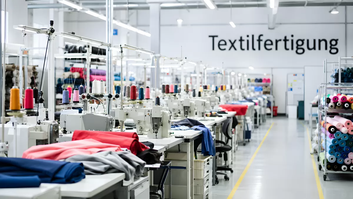 Moderne Textilfabrik mit Nähmaschinen und Garnrollen