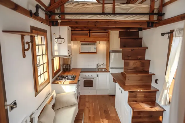 Moderne Tiny-House-Küche mit rustikaler Holzoptik