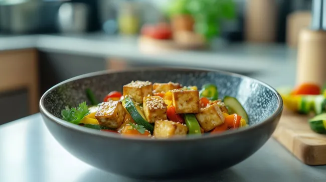 Moderne vegane Tofu-Gemüse-Bowl auf dunkler Schüssel
