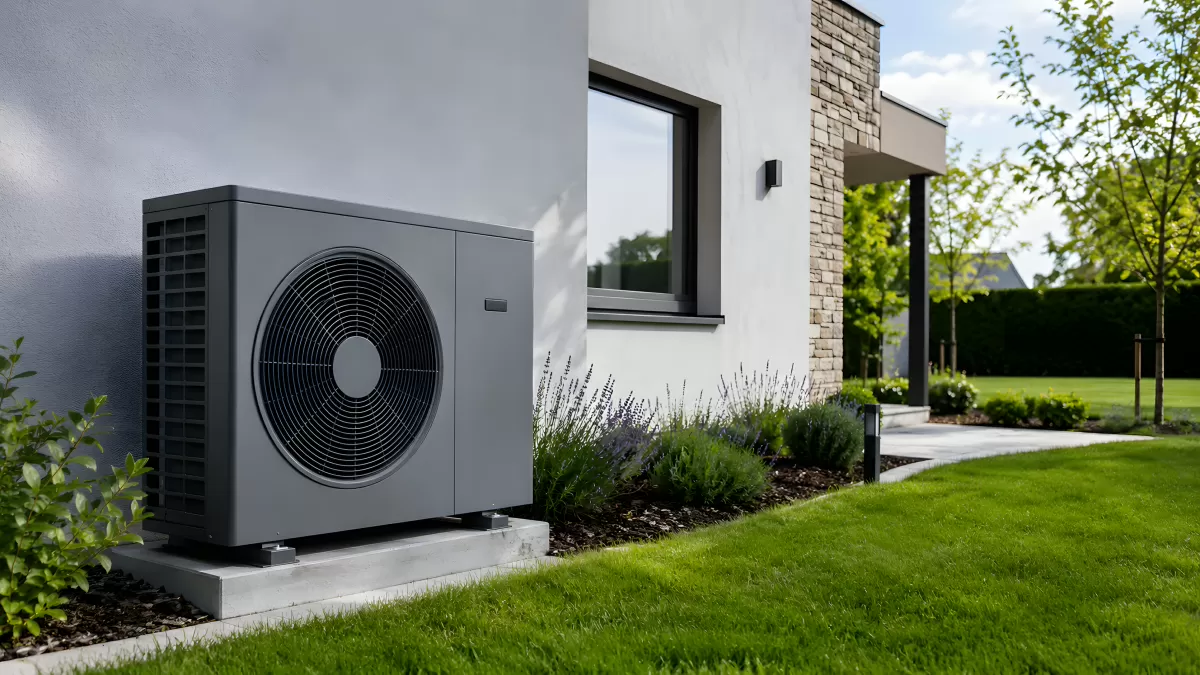 Moderne Wärmepumpe an zeitgemäßer Hausfassade — Bild kostenlos herunterladen