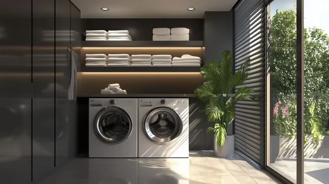 Moderne Waschküche mit Elektrogeräten und Pflanzen