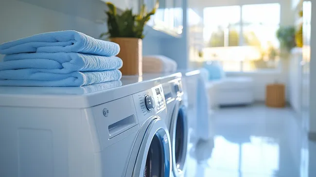 Moderne Waschküche mit frischer Wäsche