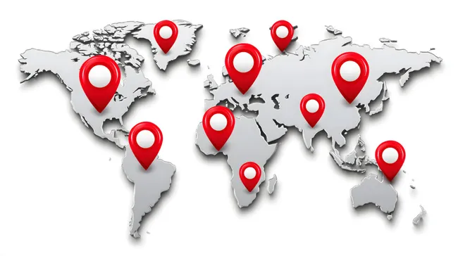 Moderne Weltkarte mit roten Standortmarkierungen