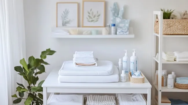 Moderne Wickelkommode mit Pflanzen und Handtüchern