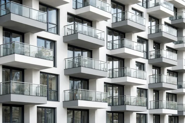 Moderne Wohnanlage mit Glasfronten und Balkonen