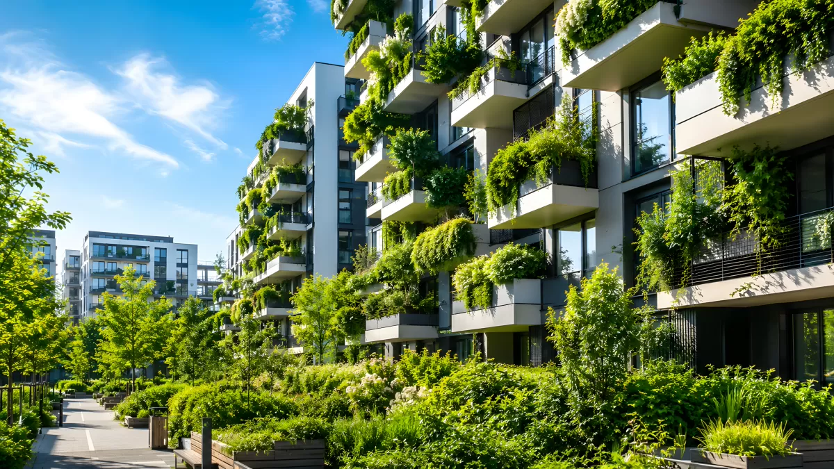 Moderne Wohngebäude mit begrünten Balkonen und Fassaden