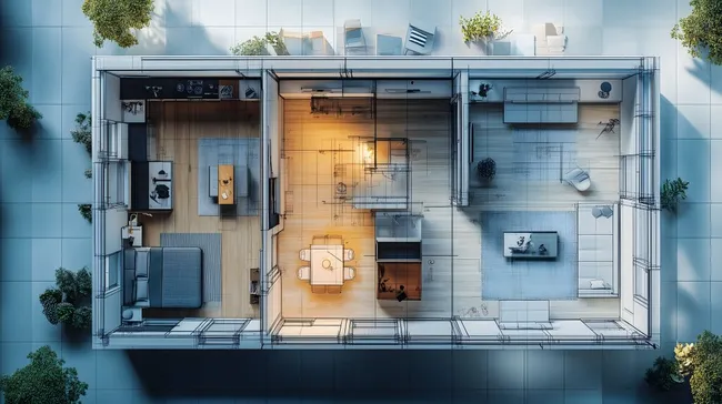 Moderne Wohnung mit 3D-Drahtmodell und Beleuchtung