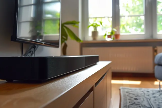 Moderne Wohnzimmer-Heimkino-Atmosphäre mit Soundbar