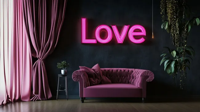 Moderne Wohnzimmerszene mit pinkfarbener Couch und Neon-Schriftzug