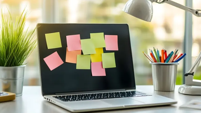 Moderner Arbeitsplatz mit Laptop und Haftnotizen