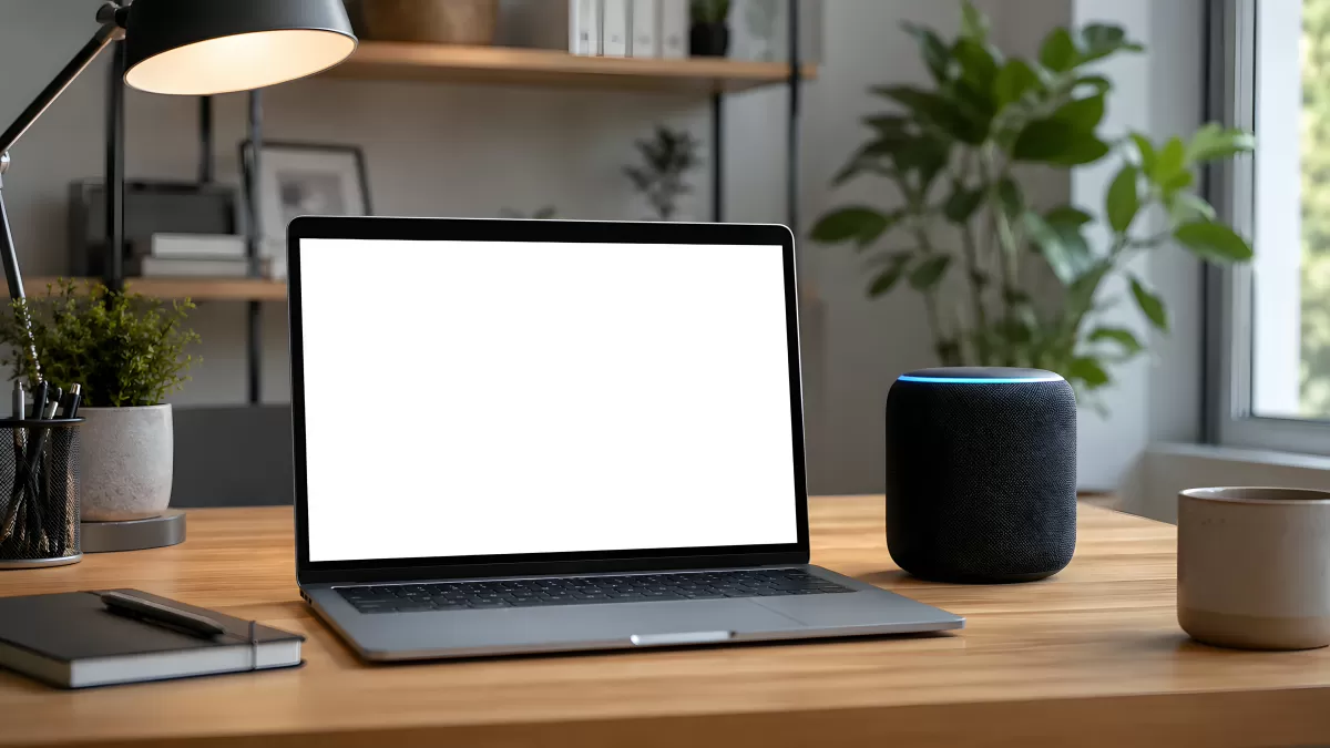 Moderner Arbeitsplatz mit Laptop und Smart Speaker