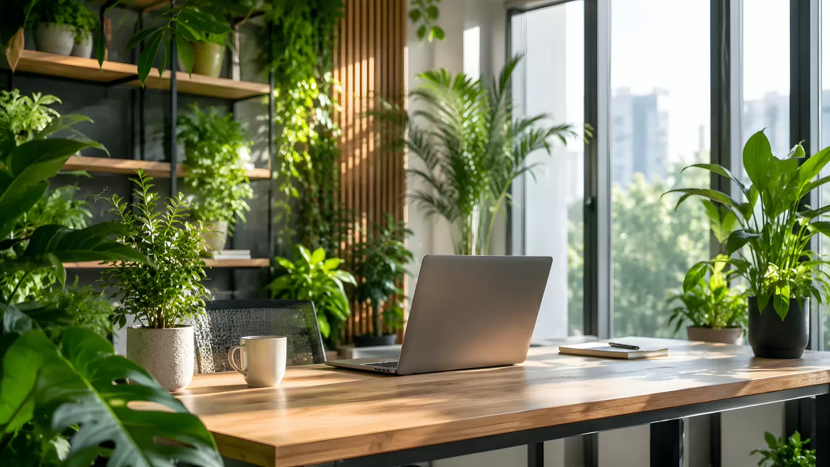 Moderner Arbeitsplatz mit Pflanzen und Laptop am Fenster