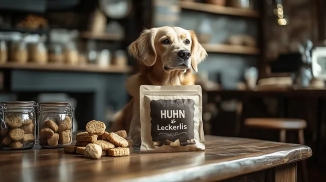 Moderner Bio-Hundeleckerchen-Stand mit goldenem Retriever