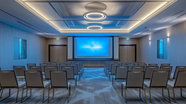 Moderner, blauer Konferenzraum mit Projektionsfläche