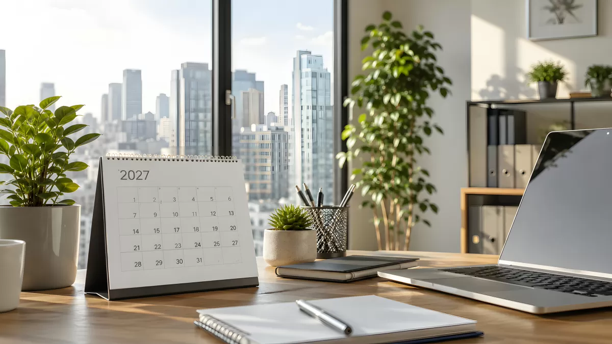Moderner Büroarbeitsplatz mit Kalender 2027 und Stadtblick