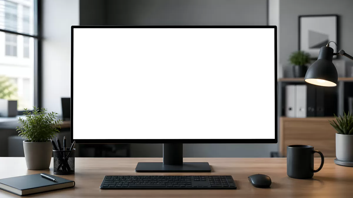 Moderner Büroarbeitsplatz mit leerem Monitor