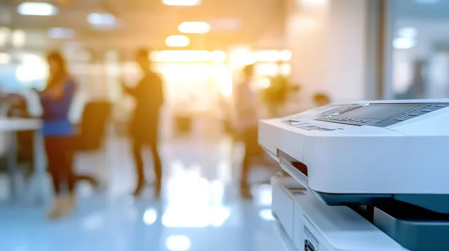 Moderner Büroarbeitsplatz mit Multifunktionsgerät im Vordergrund