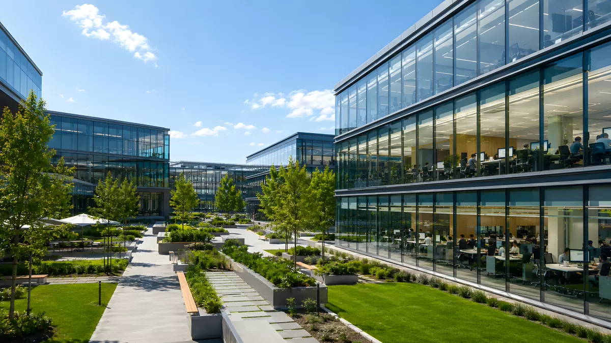 Moderner Bürocampus mit Glasfassade und Grünanlage