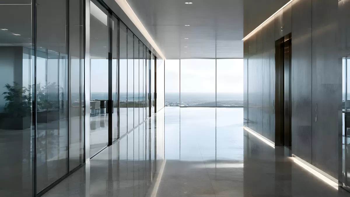 Moderner Büroflur mit Glaswänden und Meerblick