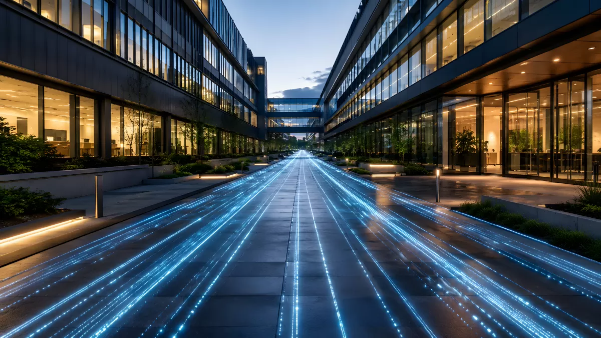 Moderner Bürokomplex mit leuchtenden Datenstrahlen
