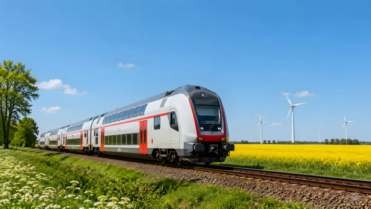 Moderner Doppelstockzug fährt durch Rapsfelder
