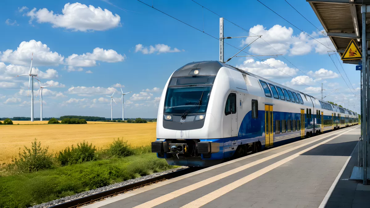 Moderner Doppelstockzug hält an ländlichem Bahnhof