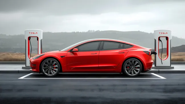 Moderner Elektroauto-Ladevorgang an nachhaltiger Tesla-Station