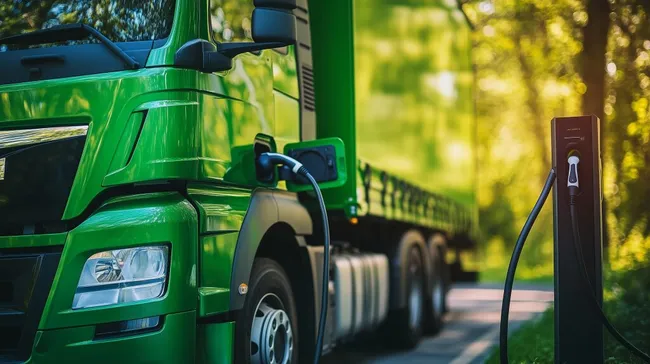 Moderner emissionsarmer LKW an Ladestation in Natur