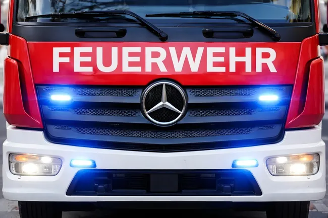 Moderner Feuerwehrwagen mit Blaulicht und Mercedes-Logo