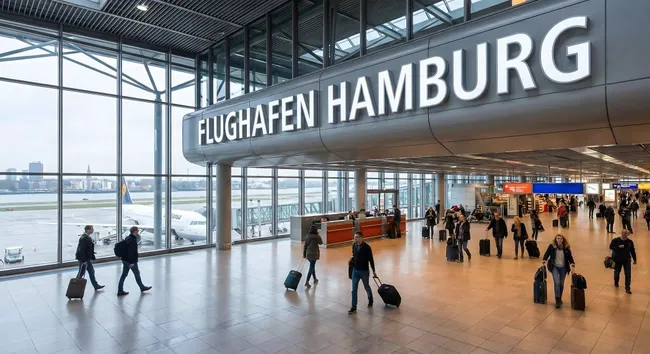 Moderner Flughafen Hamburg mit Reisenden und Gepäck
