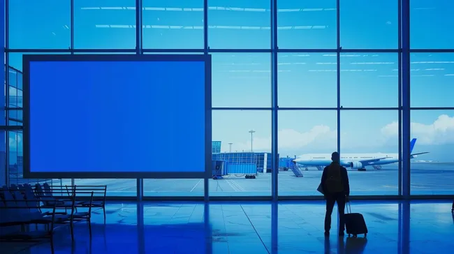 Moderner Flughafenblick mit großem Werbedisplay
