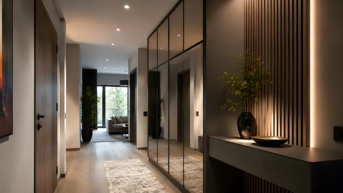 Moderner Flur mit Spiegelschrank und warmer Beleuchtung