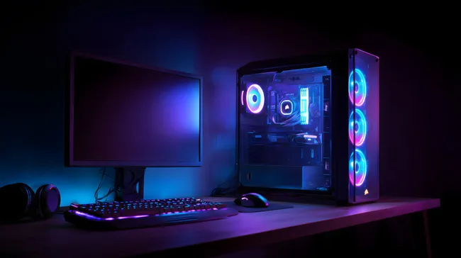 Moderner Gaming-PC mit RGB-Beleuchtung auf Schreibtisch