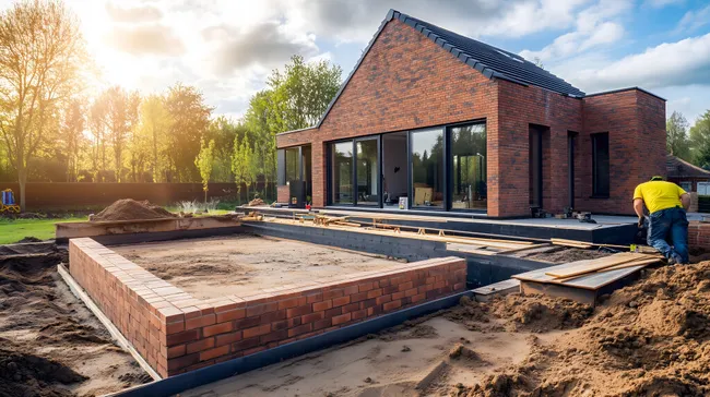 Moderner Hausbau mit Arbeiter auf Baustelle