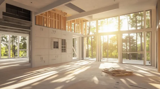 Moderner Hausbau mit Panoramafenstern im Sonnenlicht