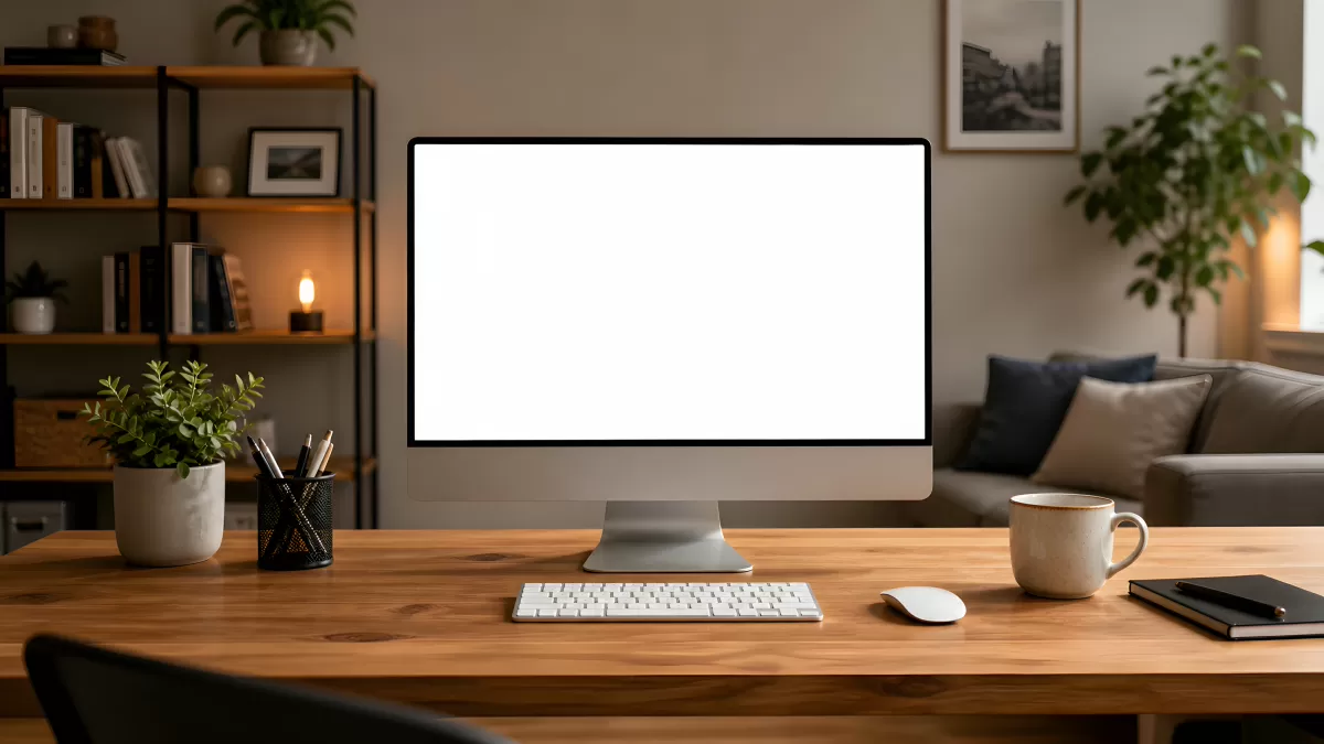 Moderner Heimarbeitsplatz mit iMac auf Holzschreibtisch