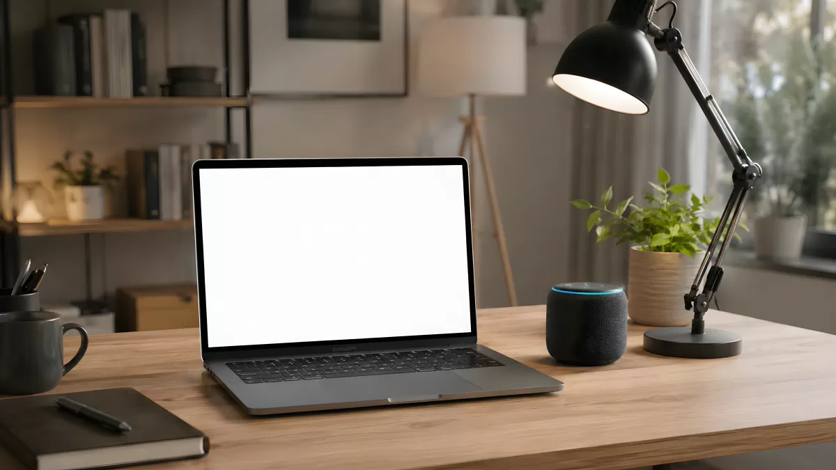 Moderner Heimarbeitsplatz mit Laptop und Smart Speaker