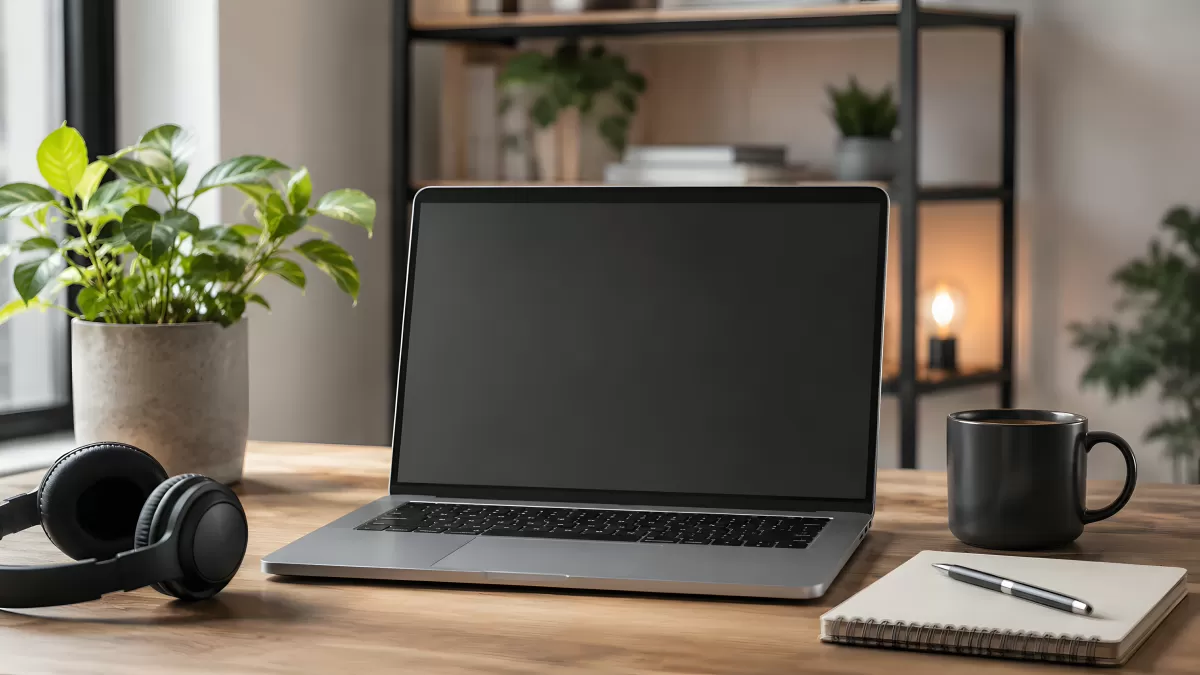 Moderner Heimarbeitsplatz mit Laptop und Zimmerpflanze