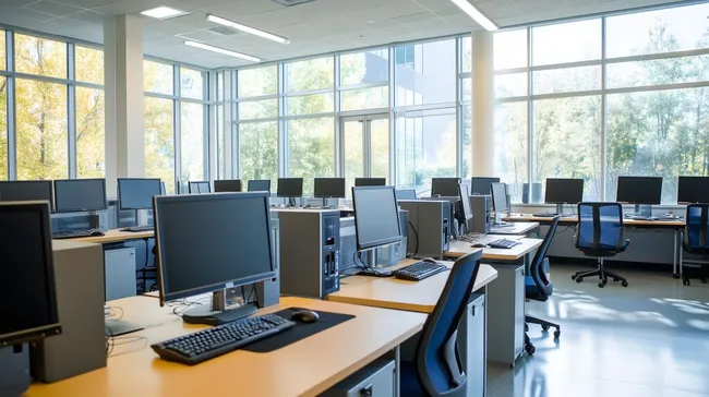 Moderner, heller Büroraum mit Panoramafenster