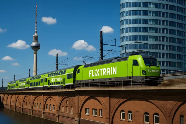 Moderner Hochgeschwindigkeitszug Flixtrain vor Berliner Skyline