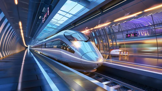 Moderner Hochgeschwindigkeitszug in futuristischer Bahnhofshalle