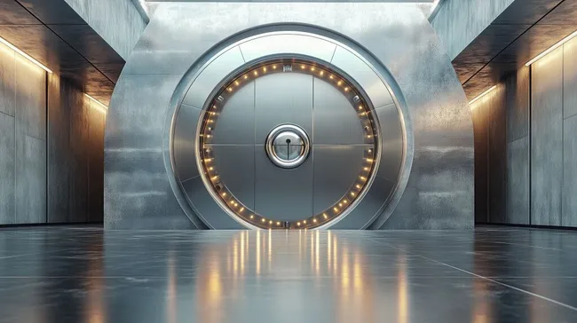 Moderner Hochsicherheitstresor mit runder Tür in Bankgebäude