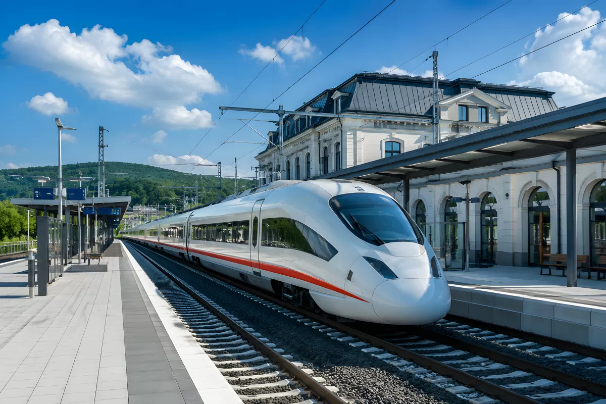 Moderner ICE-Hochgeschwindigkeitszug am Bahnsteig bei Sonnenschein