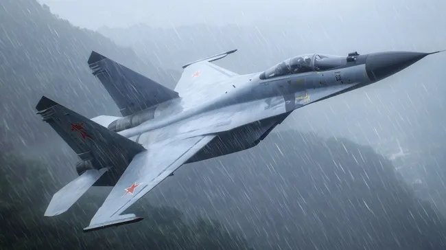 Moderner Kampfjet im strömenden Regen