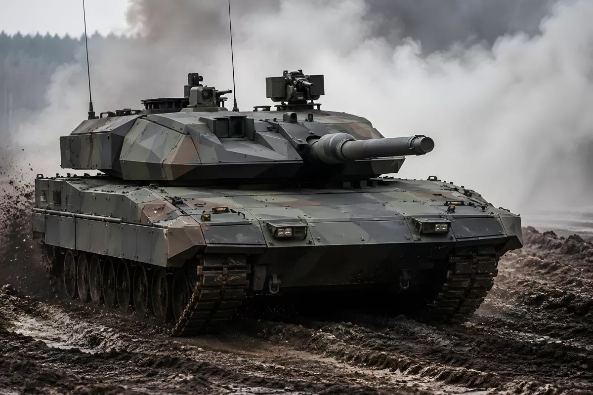 Moderner Kampfpanzer fährt durch schlammiges Gelände