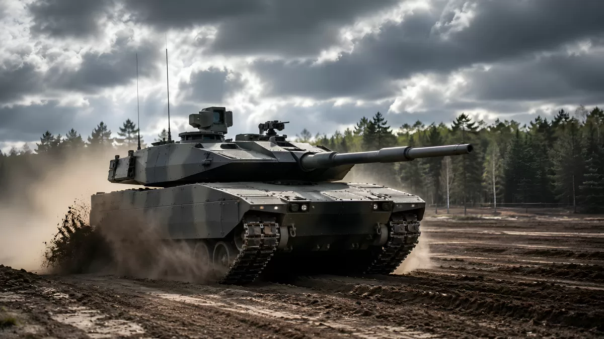 Moderner Kampfpanzer fährt über Übungsgelände