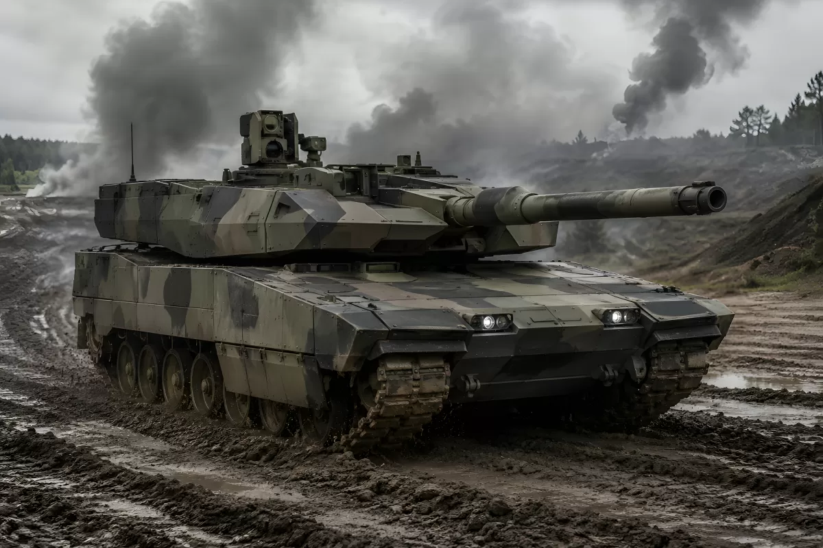 Moderner Kampfpanzer im Gelände bei bewölktem Himmel